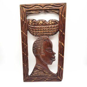 Hand Carved African Tribal Man With Basket Hand Carved Plaque Wall Art 14.5x7.5"